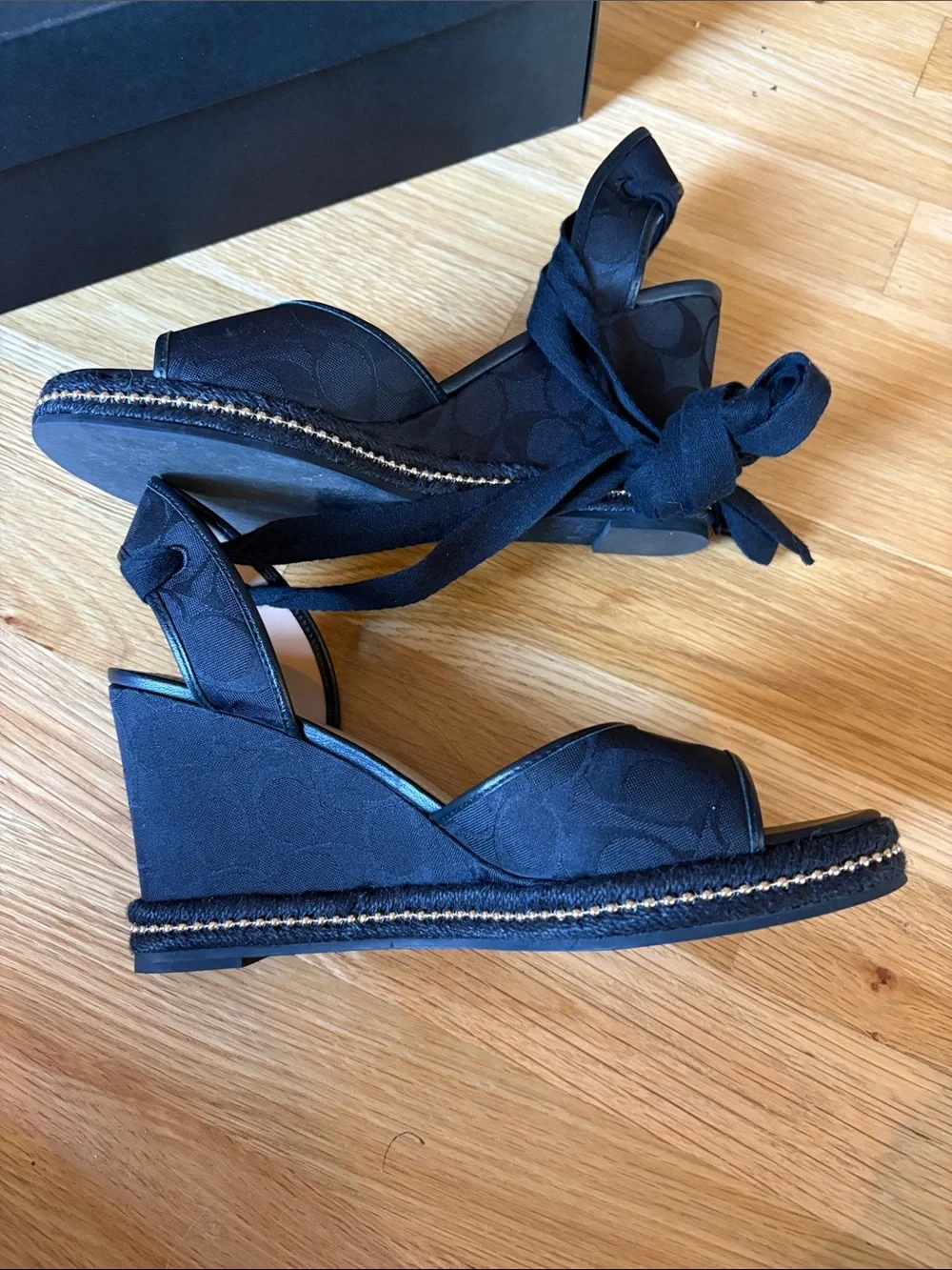 Coach Black Page Signature Canvas Wedge Sandals with Ankle Tie Detail
